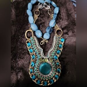 Lydell NYC Beaded Rhinestone Statement Necklace Turquoise Ribbon Braided Chain